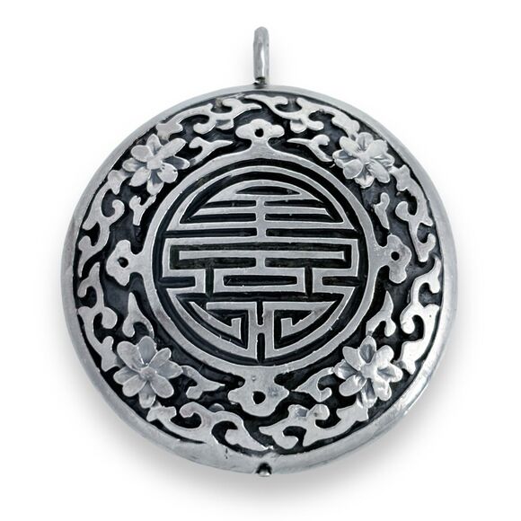 Sterling Silver 925 Oxidized 32.4 gram Floral Motif Chinese Character Pendant - Picture 2 of 4